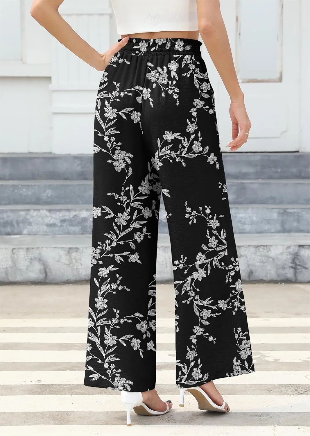 Women's Wide Leg Linen Pants High Waisted Flowy Palazzo Pants Lounge Loose Casual Work Pants Trousers Pockets