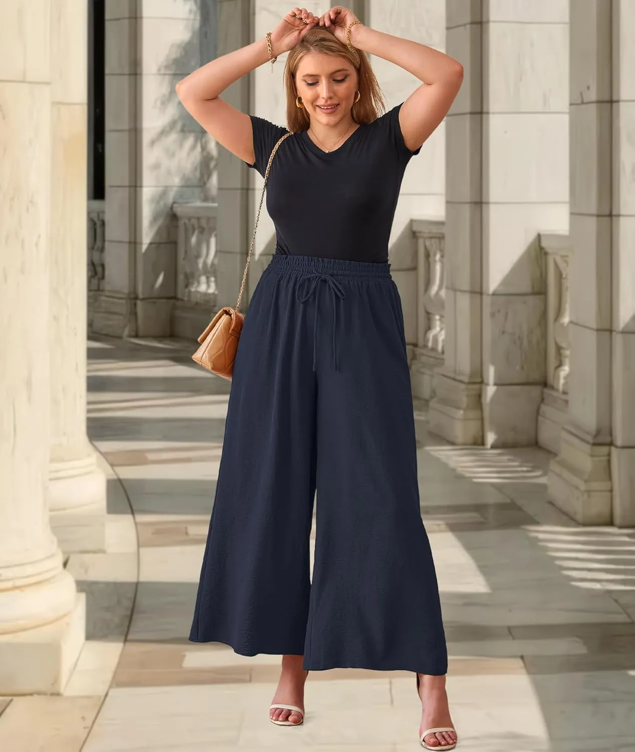 Women's Wide Leg Linen Pants High Waisted Flowy Palazzo Pants Lounge Loose Casual Work Pants Trousers Pockets