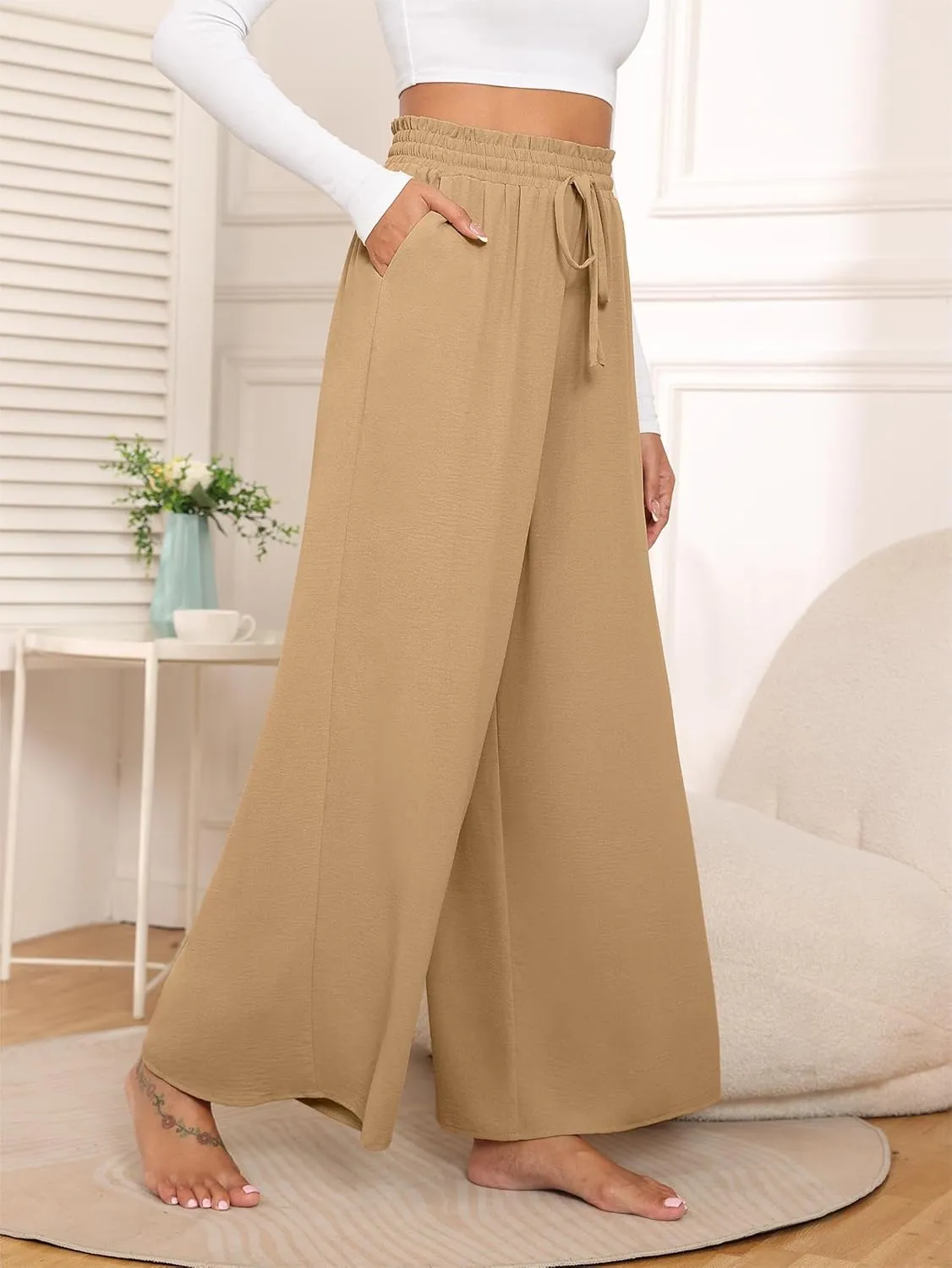 Women's Wide Leg Linen Pants High Waisted Flowy Palazzo Pants Lounge Loose Casual Work Pants Trousers Pockets