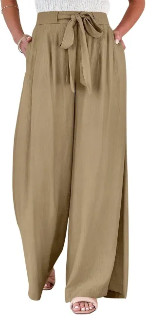 Womens Wide Leg Pants High Waisted Adjustable Tie Knot Flowy Casual Loose Business Work Trousers with Pockets