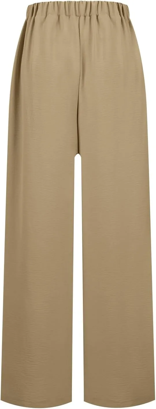 Womens Wide Leg Pants High Waisted Adjustable Tie Knot Flowy Casual Loose Business Work Trousers with Pockets