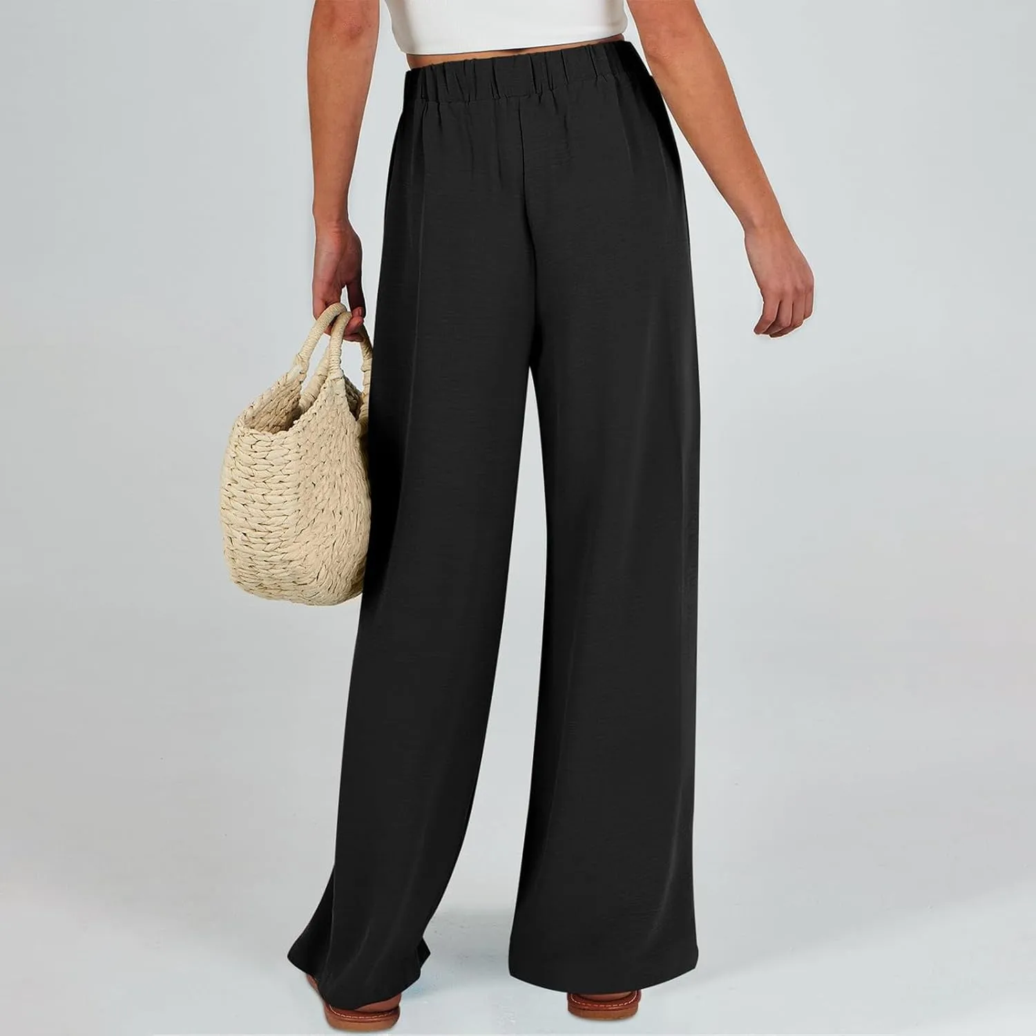 Womens Wide Leg Pants High Waisted Adjustable Tie Knot Flowy Casual Loose Business Work Trousers with Pockets