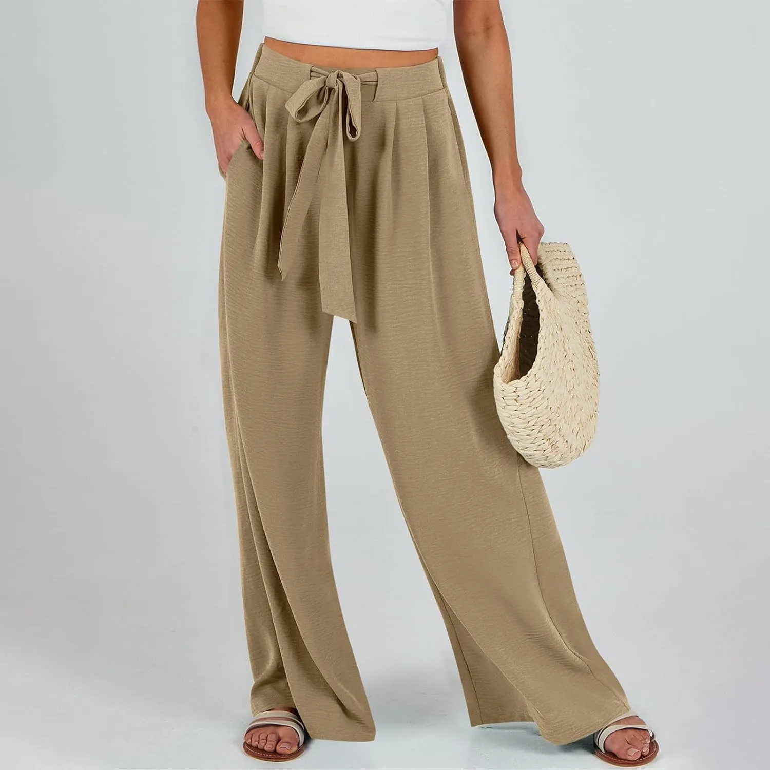 Womens Wide Leg Pants High Waisted Adjustable Tie Knot Flowy Casual Loose Business Work Trousers with Pockets
