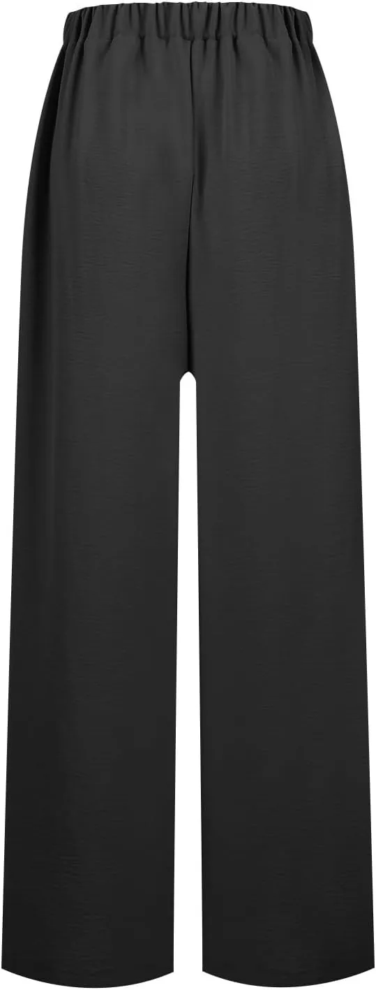 Womens Wide Leg Pants High Waisted Adjustable Tie Knot Flowy Casual Loose Business Work Trousers with Pockets