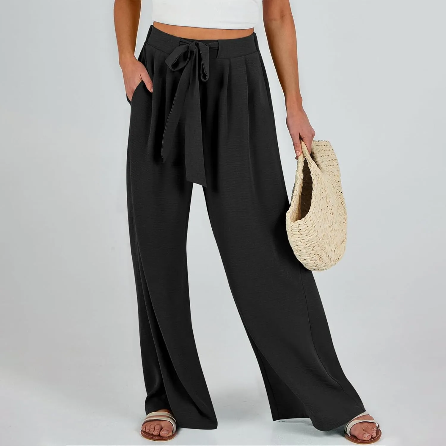Womens Wide Leg Pants High Waisted Adjustable Tie Knot Flowy Casual Loose Business Work Trousers with Pockets