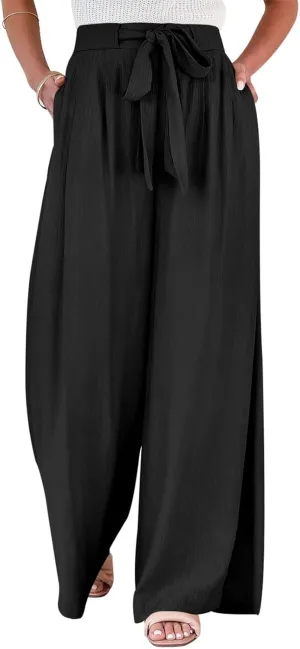 Womens Wide Leg Pants High Waisted Adjustable Tie Knot Flowy Casual Loose Business Work Trousers with Pockets