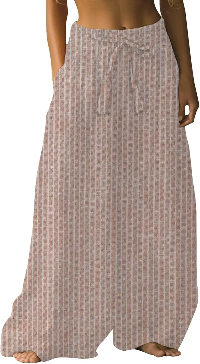 Womens Wide Leg Summer Pants Flowy Side Split Palazzo Beach Pants Boho High Waisted Trousers Vacation Outfits