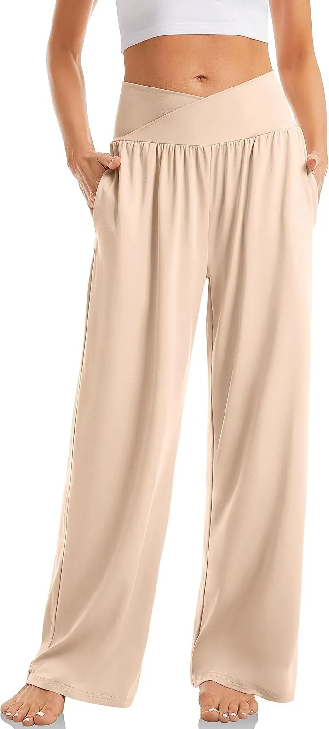 Womens Yoga Sweatpants Crossover High Waisted Casual Loose Sweatpants Comfy Straight Leg Athletic Pants with Pockets