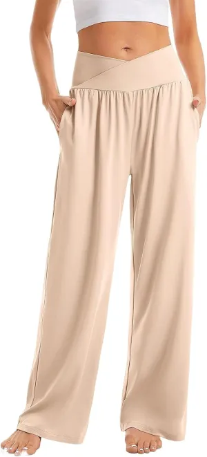 Womens Yoga Sweatpants Crossover High Waisted Casual Loose Sweatpants Comfy Straight Leg Athletic Pants with Pockets