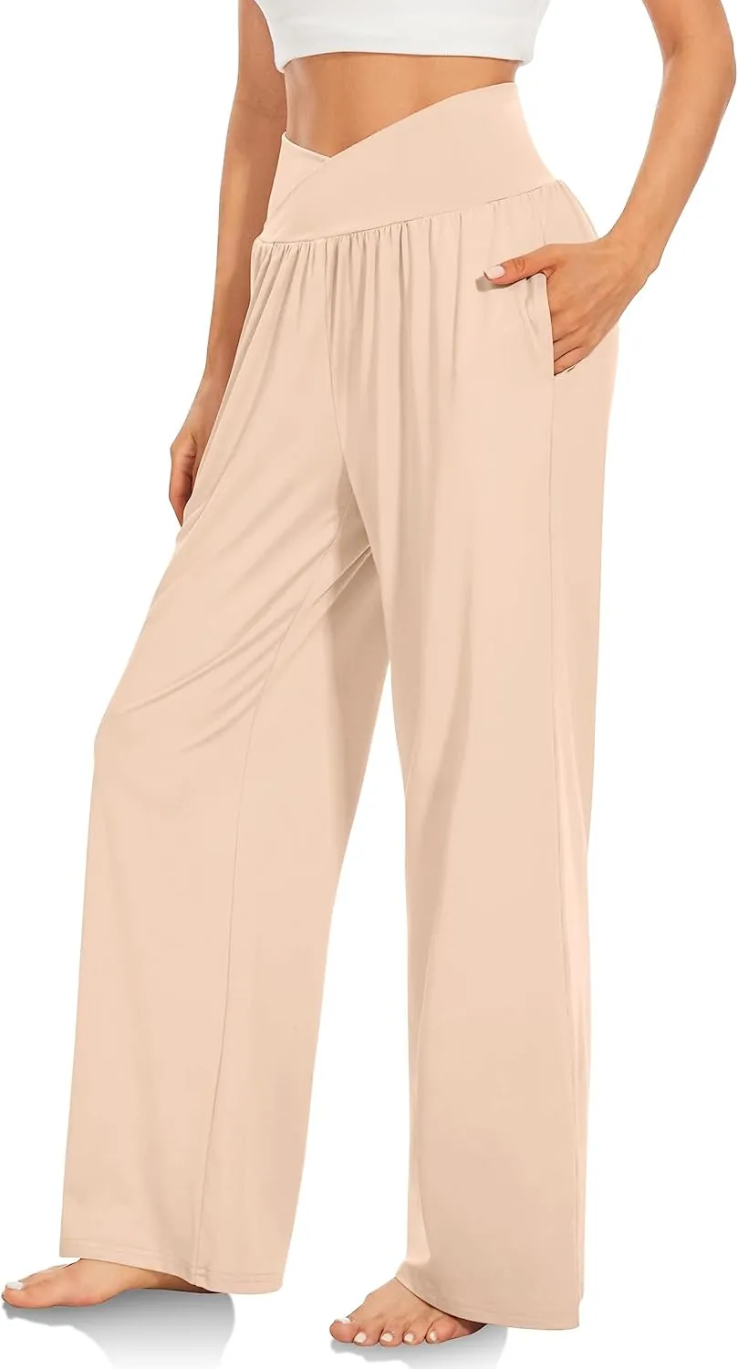 Womens Yoga Sweatpants Crossover High Waisted Casual Loose Sweatpants Comfy Straight Leg Athletic Pants with Pockets