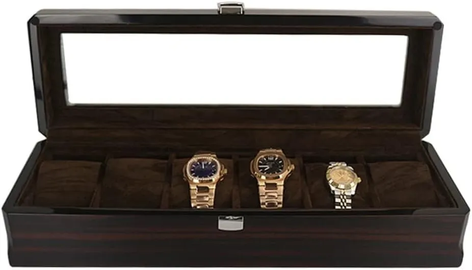 Wooden Watch Box, 6 Slots Watch Case with Pillow, Classic Glass Topped Wooden Watch Display Case Watch Organizer (Color : A, Size : One Size) (A One Size)