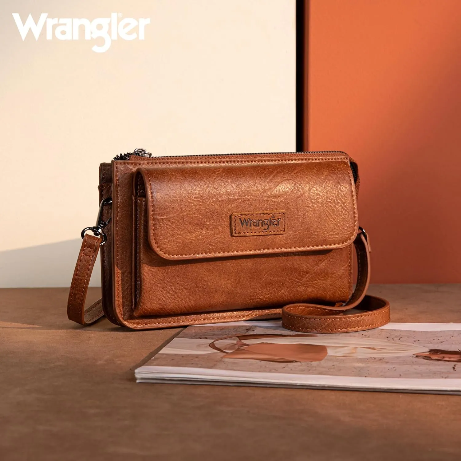 Wrangler RFID Crossbody Wallet Purse Vegan Leather Small Purses for Women with Phone Pocket and Adjustable Strap