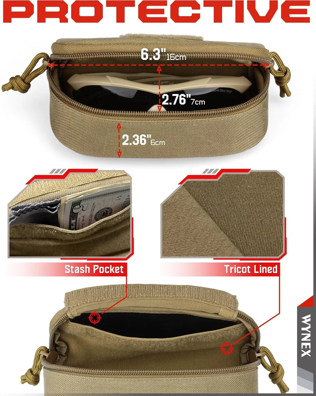 WYNEX Tactical Molle Glasses Pouch, Shockproof Eyeglasses Case Hard Shell, Sunglasses Case with Clip and Zipper, Protective Box with Flag Patch, for Most Glasses, Sunglasses, Goggles