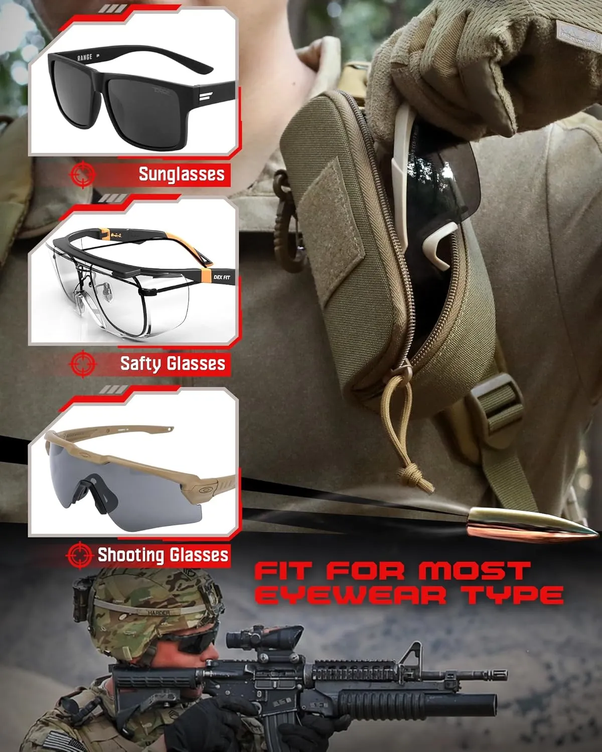 WYNEX Tactical Molle Glasses Pouch, Shockproof Eyeglasses Case Hard Shell, Sunglasses Case with Clip and Zipper, Protective Box with Flag Patch, for Most Glasses, Sunglasses, Goggles
