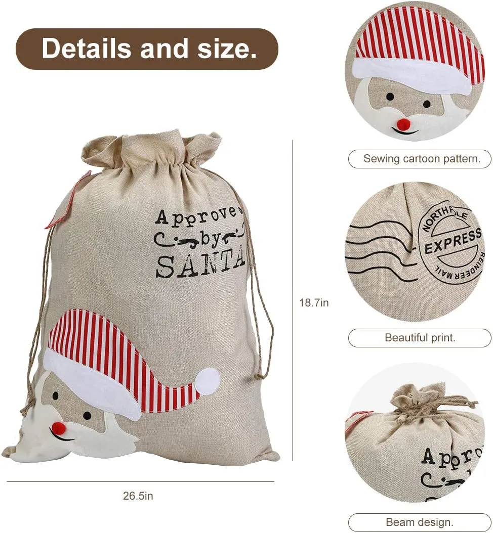 XinblueCo Santa Sack 2 Pack Christmas Reindeer Canvas Bag With Drawstring Xmas Gift Bag Extra Large for Kids Size 27.5"x19.5" (Reindeer)