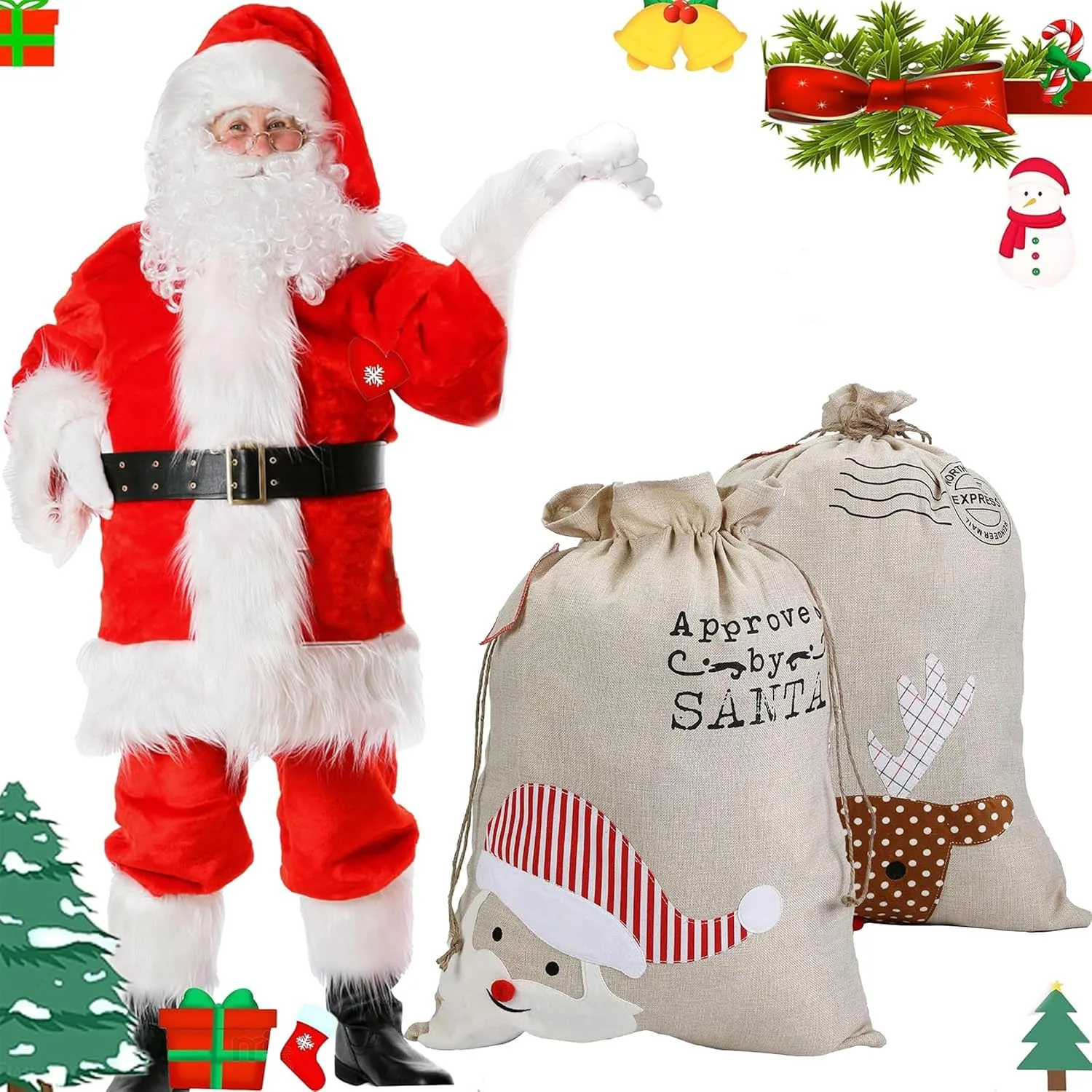 XinblueCo Santa Sack 2 Pack Christmas Reindeer Canvas Bag With Drawstring Xmas Gift Bag Extra Large for Kids Size 27.5"x19.5" (Reindeer)