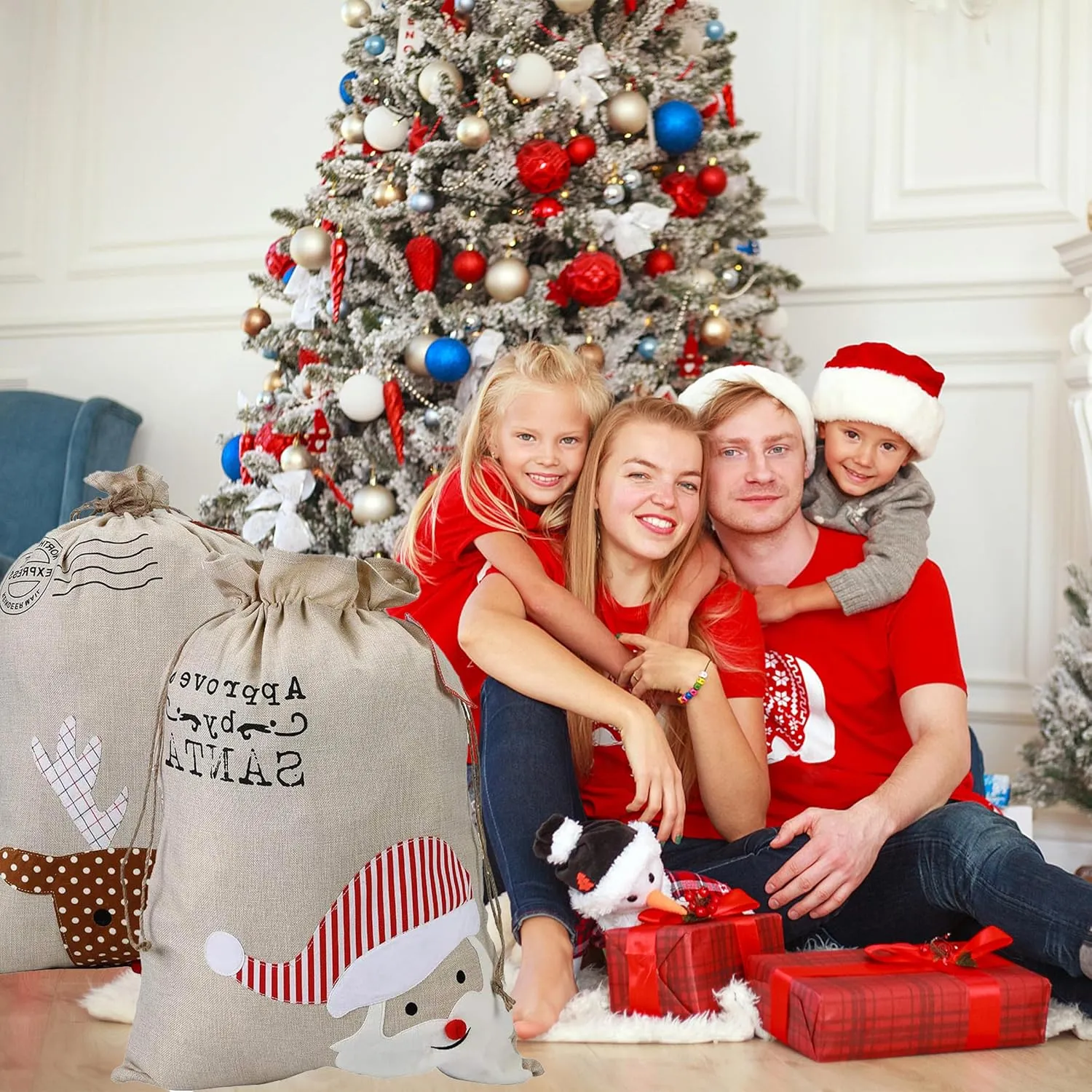 XinblueCo Santa Sack 2 Pack Christmas Reindeer Canvas Bag With Drawstring Xmas Gift Bag Extra Large for Kids Size 27.5"x19.5" (Reindeer)