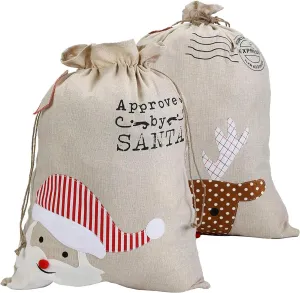 XinblueCo Santa Sack 2 Pack Christmas Reindeer Canvas Bag With Drawstring Xmas Gift Bag Extra Large for Kids Size 27.5"x19.5" (Reindeer)