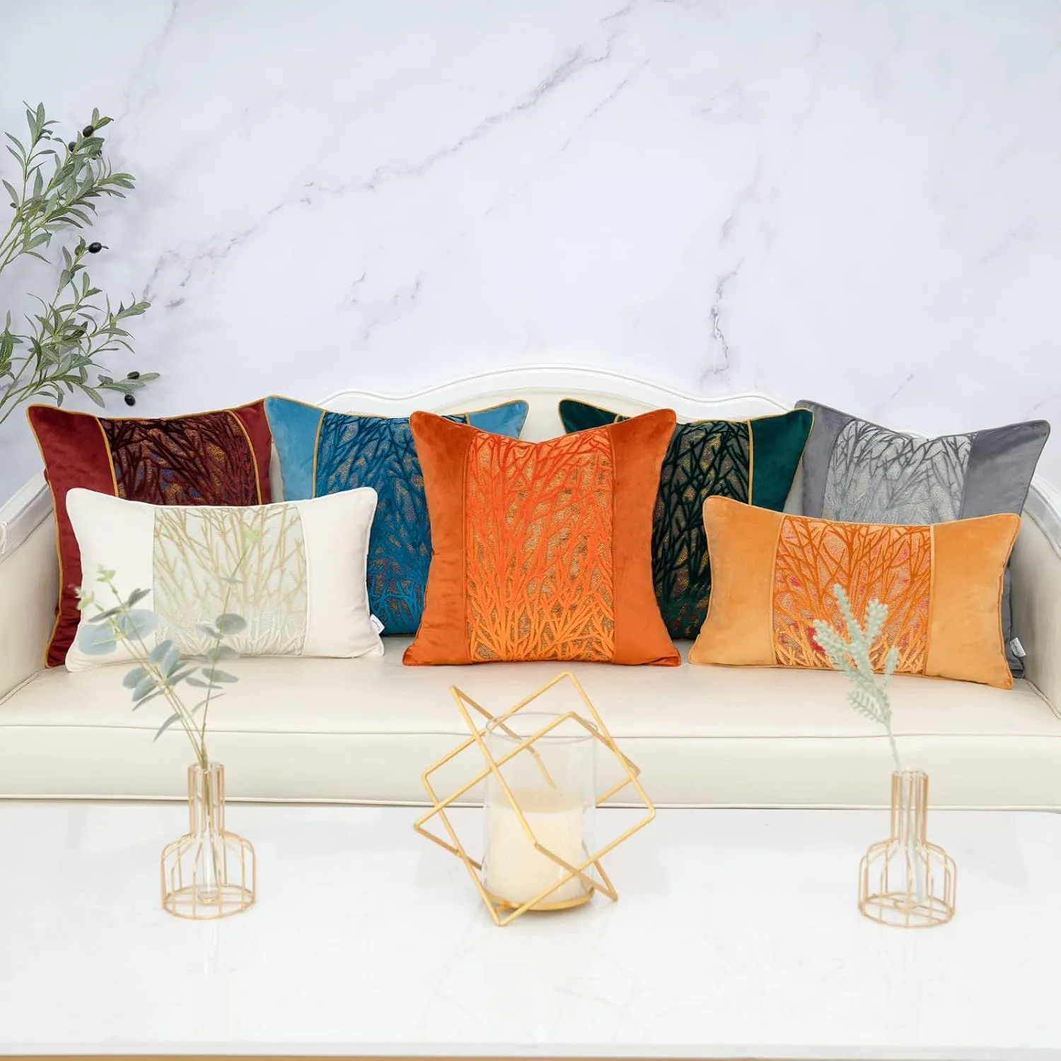 Yangest Green Twigs Throw Pillow Cover Velvet Branches Velvet Cushion Case Neutral Pillowcase for Sofa Couch Bedroom Living Room Home Decor,20x20 Inch