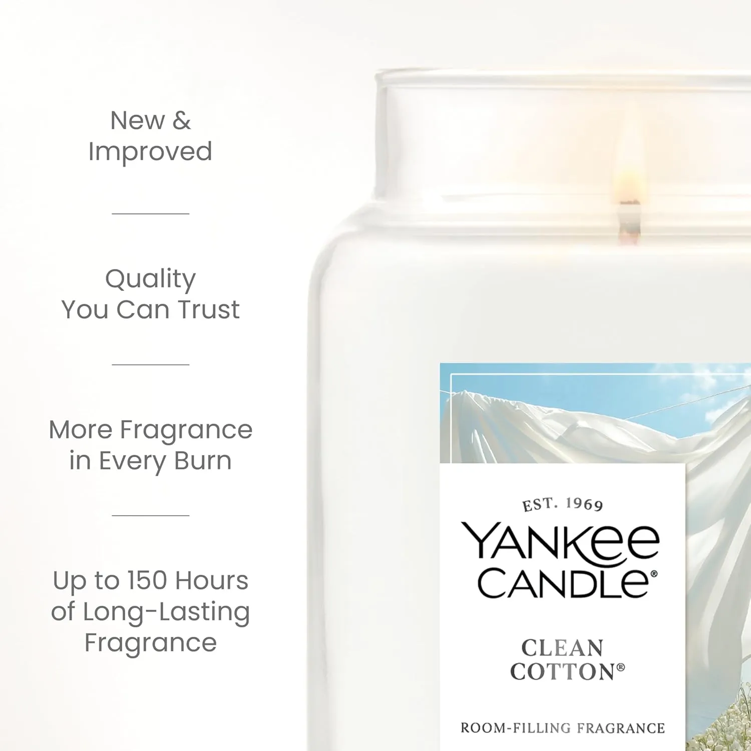 Yankee Candle Large Jar Scented Candle with up to 150 Hour Burn Time, Soy Wax Blend for Cleaner Consistent Burn, 22 oz Jar Candle with Room Filling Fragrance, Clean Cotton