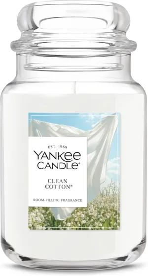 Yankee Candle Large Jar Scented Candle with up to 150 Hour Burn Time, Soy Wax Blend for Cleaner Consistent Burn, 22 oz Jar Candle with Room Filling Fragrance, Clean Cotton