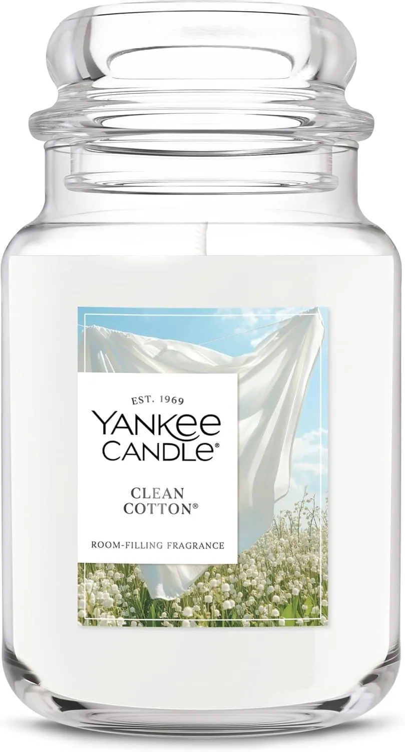 Yankee Candle Large Jar Scented Candle with up to 150 Hour Burn Time, Soy Wax Blend for Cleaner Consistent Burn, 22 oz Jar Candle with Room Filling Fragrance, Clean Cotton