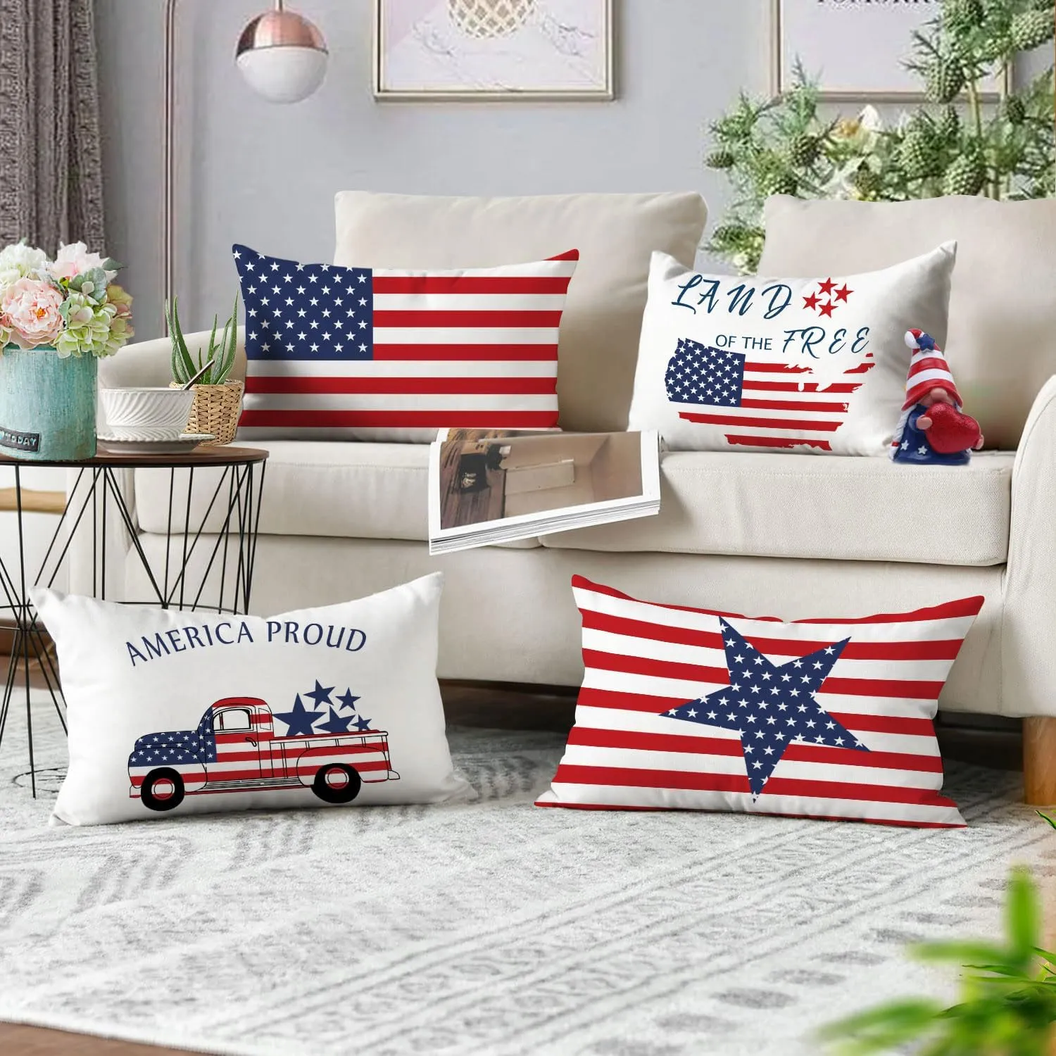 YeeJu Set of 4 Patriotic Throw Pillow Covers 12x20 Velvet 4th of July Pillow Covers Memorial Day American Flag Red White Blue Cushion Covers Fourth of July Pillow Cases Home Decorations 12x20