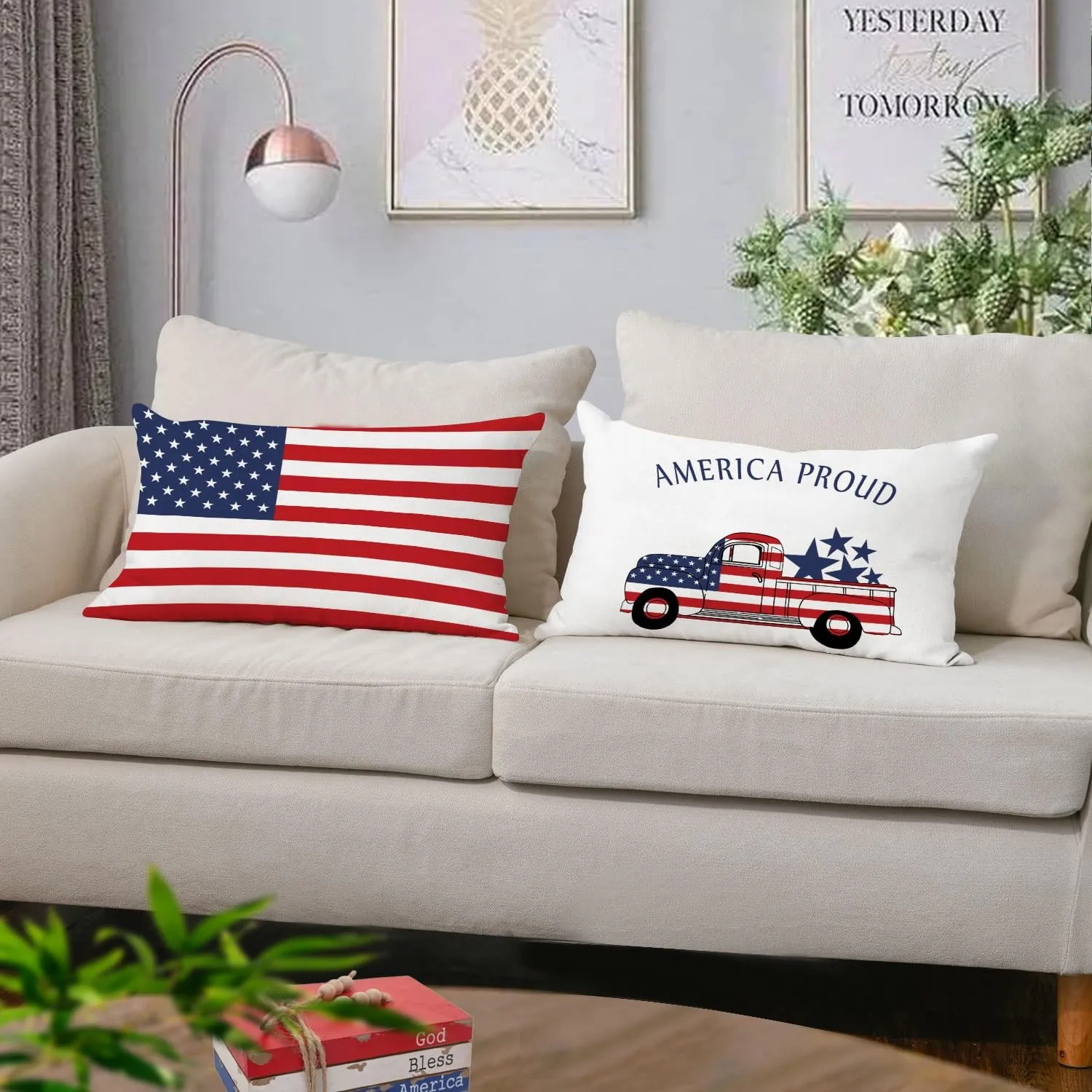 YeeJu Set of 4 Patriotic Throw Pillow Covers 12x20 Velvet 4th of July Pillow Covers Memorial Day American Flag Red White Blue Cushion Covers Fourth of July Pillow Cases Home Decorations 12x20