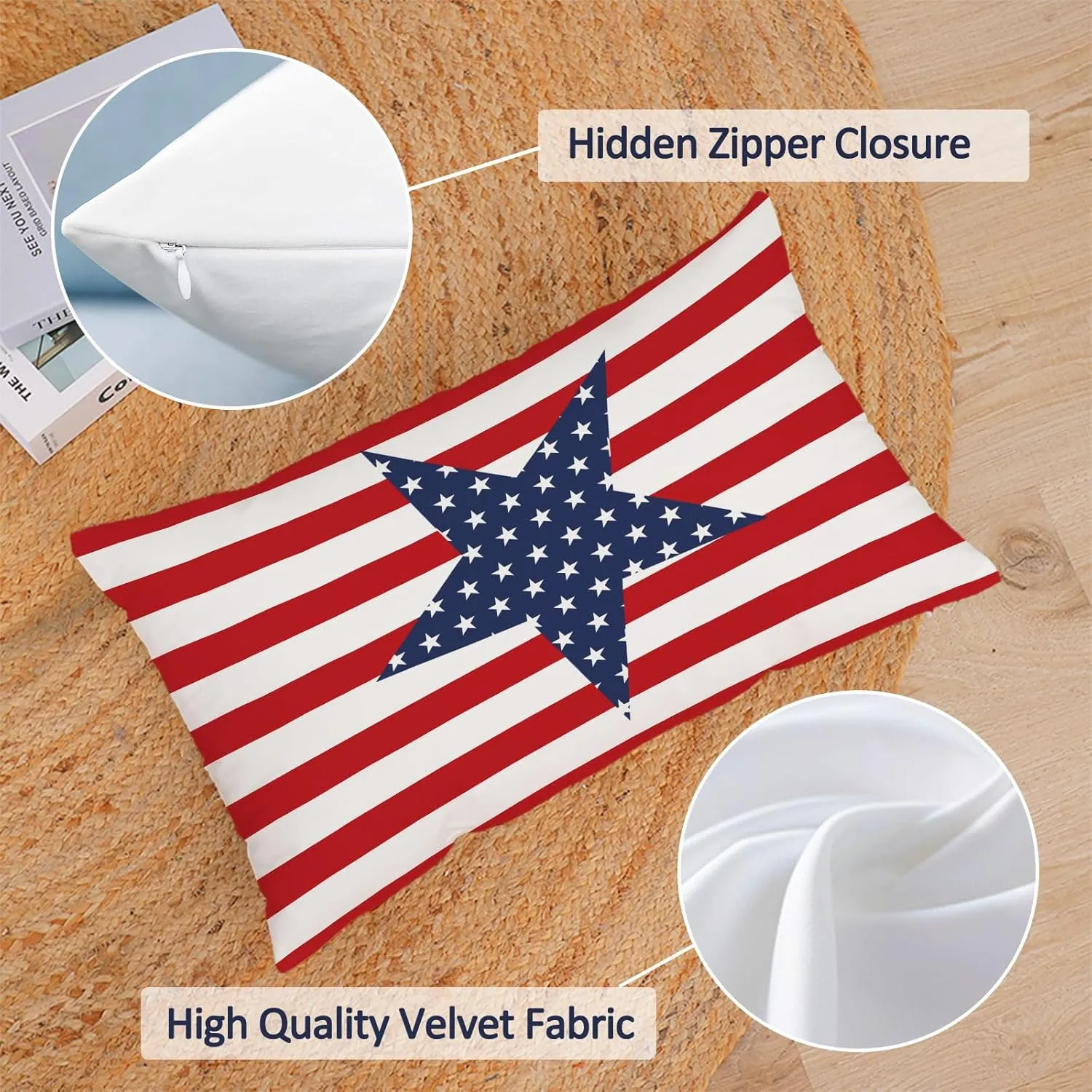 YeeJu Set of 4 Patriotic Throw Pillow Covers 12x20 Velvet 4th of July Pillow Covers Memorial Day American Flag Red White Blue Cushion Covers Fourth of July Pillow Cases Home Decorations 12x20