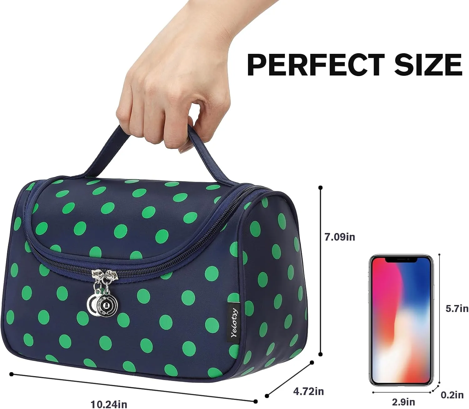 Yeiotsy Polka Dots Makeup Bag – Travel Toiletry Bag for Women, Hanging Cosmetic Organizer with Handle and Brush Holders