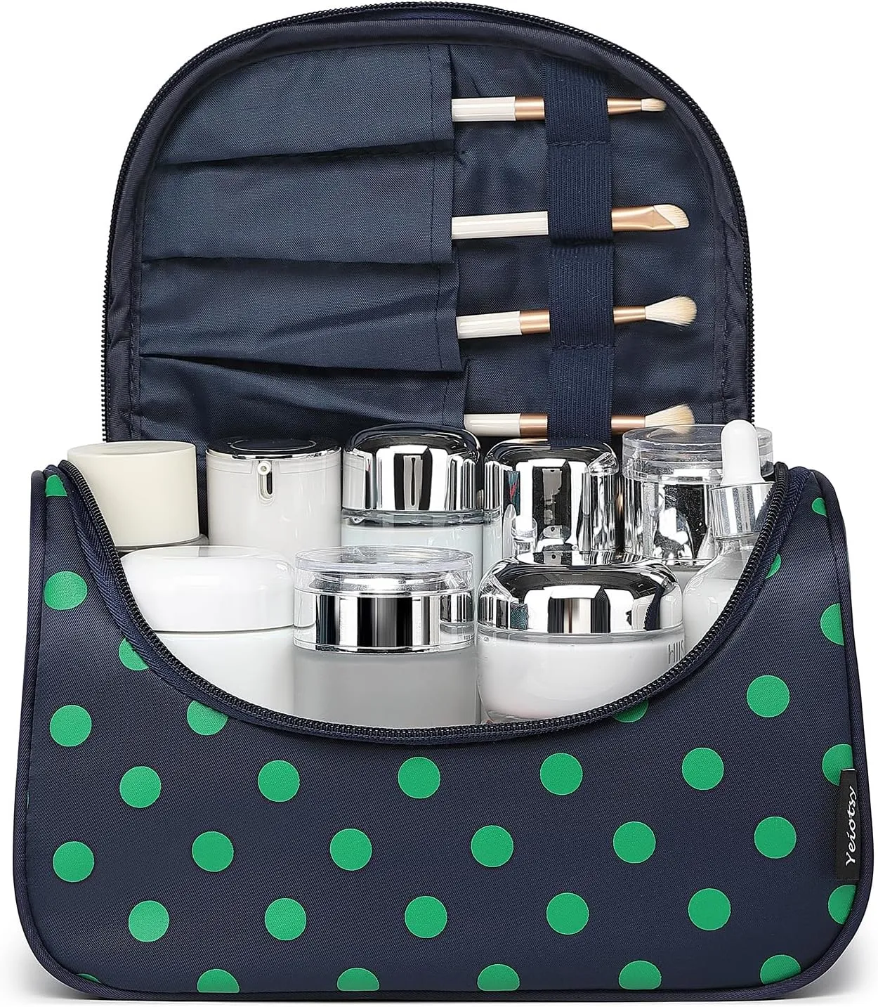 Yeiotsy Polka Dots Makeup Bag – Travel Toiletry Bag for Women, Hanging Cosmetic Organizer with Handle and Brush Holders