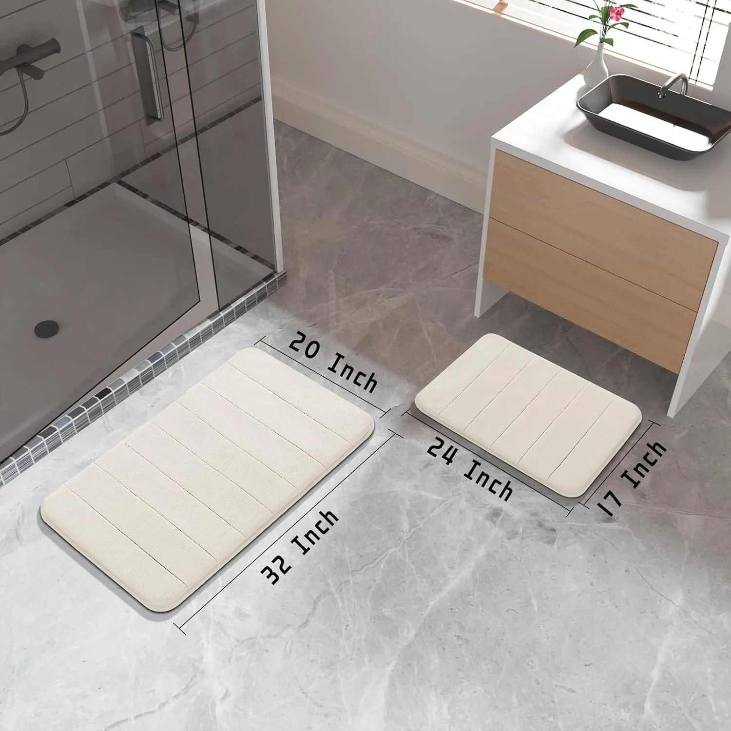 Yimobra Bathroom Rugs Sets 2 Piece, Soft Absorbent Memory Foam Bath Mats Set, Dry Fast Bath Mat, Machine Washable Bath Rug Set for Bathroom, 17x24 31.5x19.8 Inches, Cream White