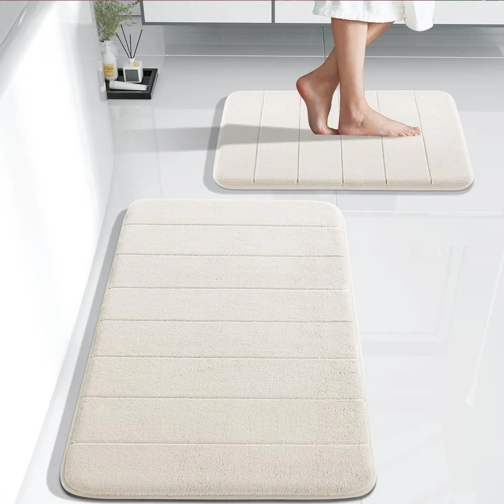 Yimobra Bathroom Rugs Sets 2 Piece, Soft Absorbent Memory Foam Bath Mats Set, Dry Fast Bath Mat, Machine Washable Bath Rug Set for Bathroom, 17x24 31.5x19.8 Inches, Cream White