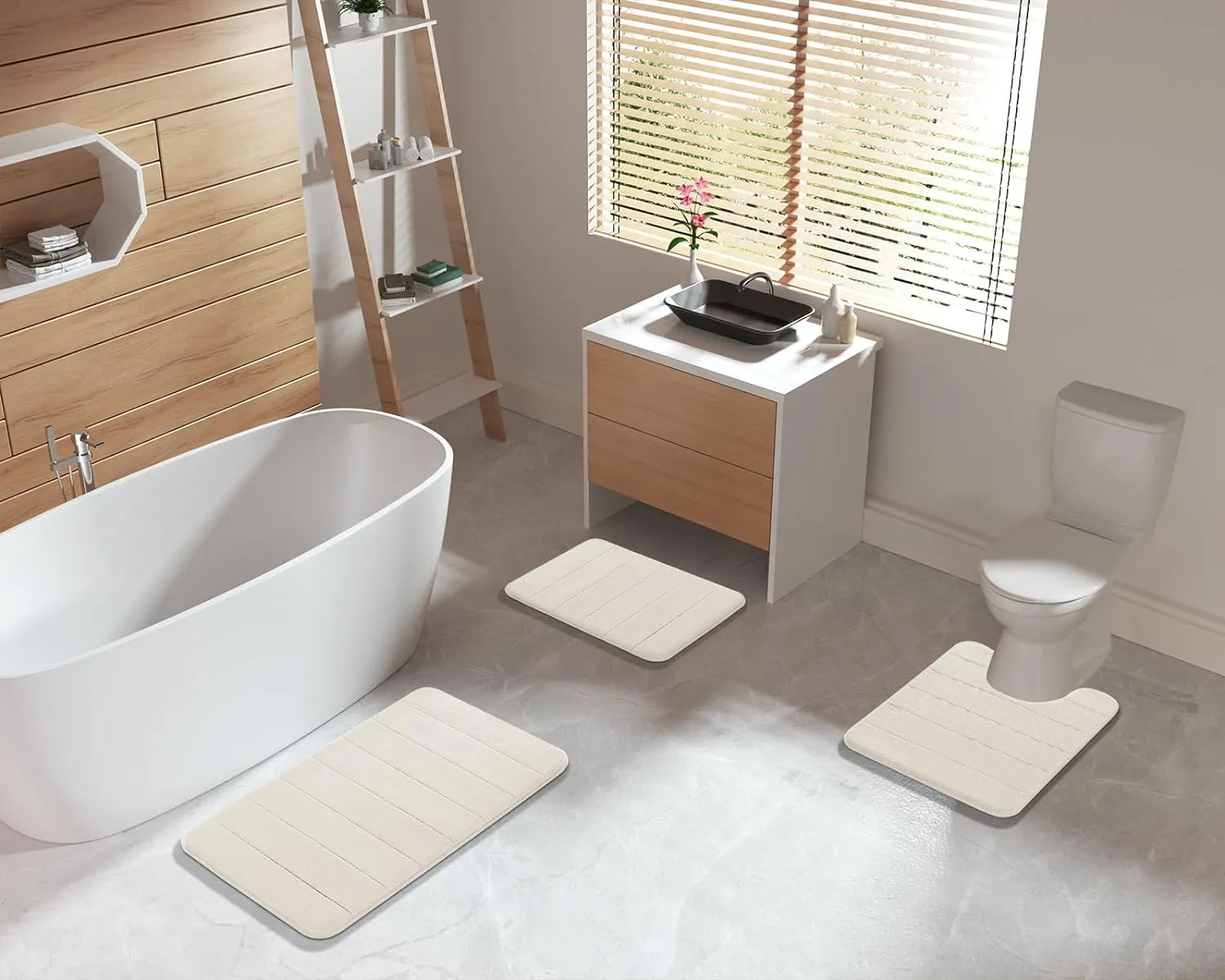 Yimobra Bathroom Rugs Sets 2 Piece, Soft Absorbent Memory Foam Bath Mats Set, Dry Fast Bath Mat, Machine Washable Bath Rug Set for Bathroom, 17x24 31.5x19.8 Inches, Cream White
