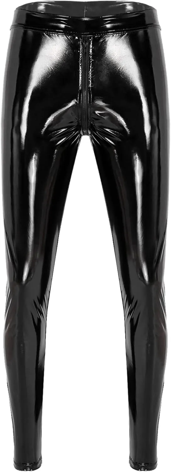 YiZYiF Men's Faux Leather Skinny Leggings Zipper Pouch Hollow Out Long Pants Trousers