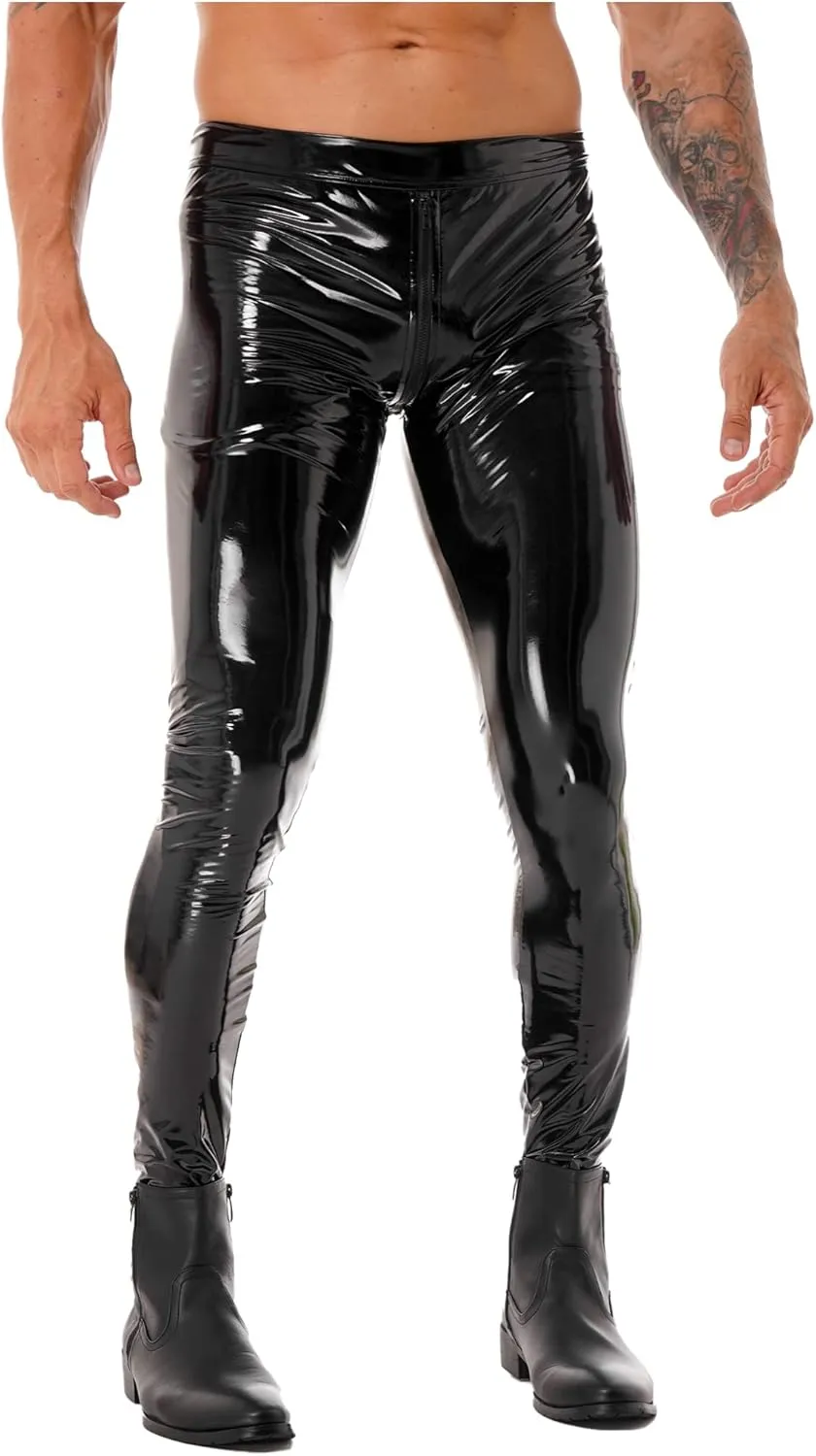 YiZYiF Men's Faux Leather Skinny Leggings Zipper Pouch Hollow Out Long Pants Trousers