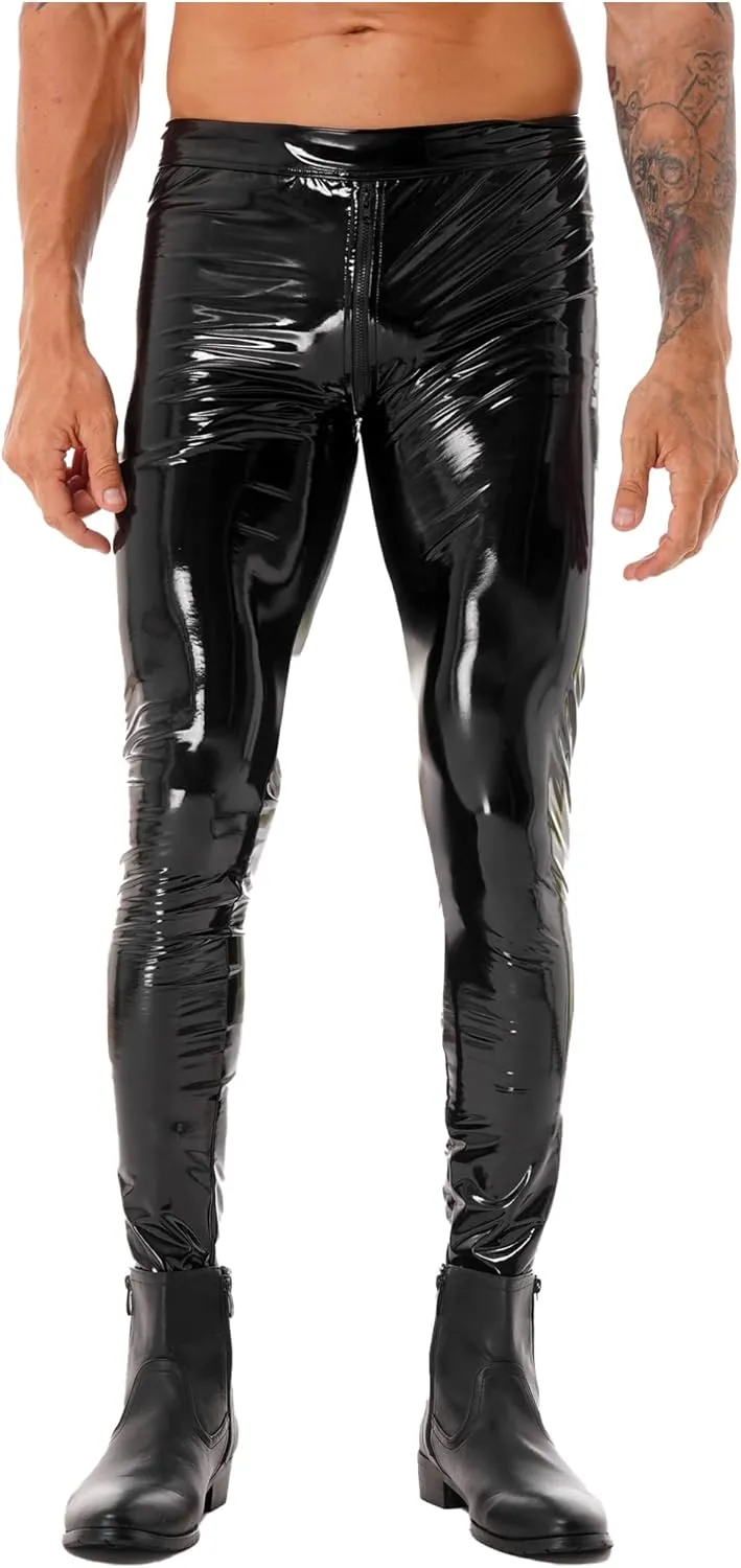 YiZYiF Men's Faux Leather Skinny Leggings Zipper Pouch Hollow Out Long Pants Trousers