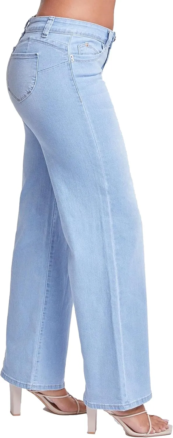 YMI Women’s Sustainable Wannabettabutt Low Rise Wide Leg Jeans