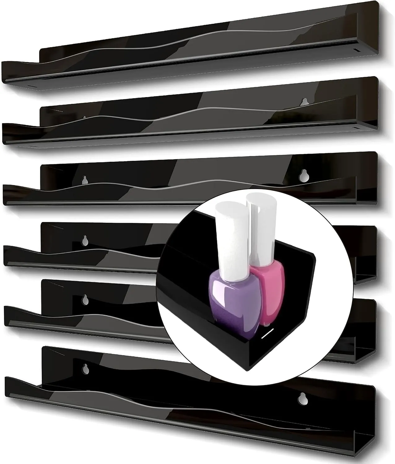 YMVV Black Acrylic Nail Polish Wall Racks,15" Increased Width Black Wall Mounted Shelves Nail Polish Organizer, Sunglasses Essential Oil Storage Shelf Display 6 Pack