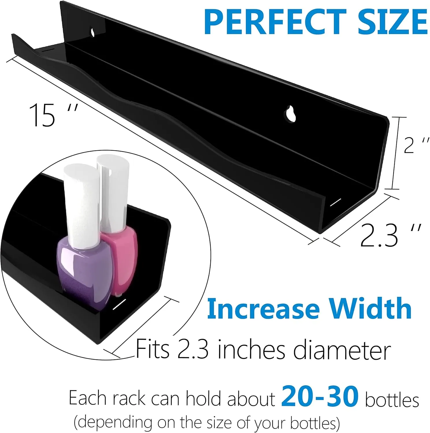 YMVV Black Acrylic Nail Polish Wall Racks,15" Increased Width Black Wall Mounted Shelves Nail Polish Organizer, Sunglasses Essential Oil Storage Shelf Display 6 Pack