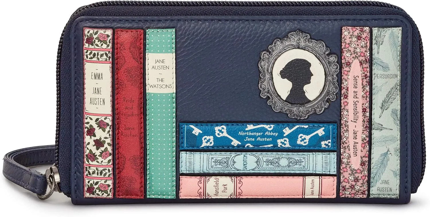 Yoshi Jane Austen Bookworm Ladies Purse, Genuine Leather Womens Wallet, Zip Round with Wrist Strap, Navy, One Size