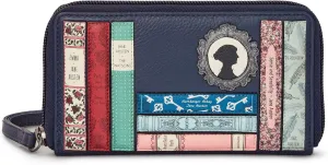 Yoshi Jane Austen Bookworm Ladies Purse, Genuine Leather Womens Wallet, Zip Round with Wrist Strap, Navy, One Size