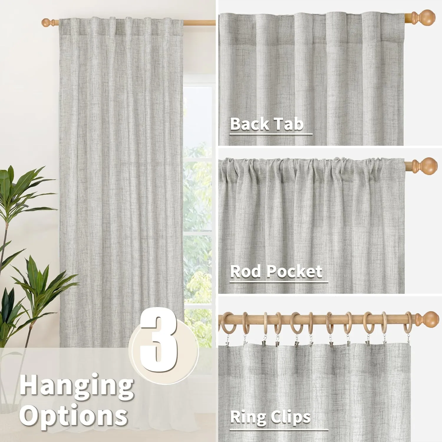 YoungsTex Light Grey Linen Curtains 72 Inch Length for Living Room, Back Tab Light Filtering Semi Sheer Drapes for Dining Room Bedroom Rod Pocket Window Treatments, 52 X 72 Inch, 2 Panels