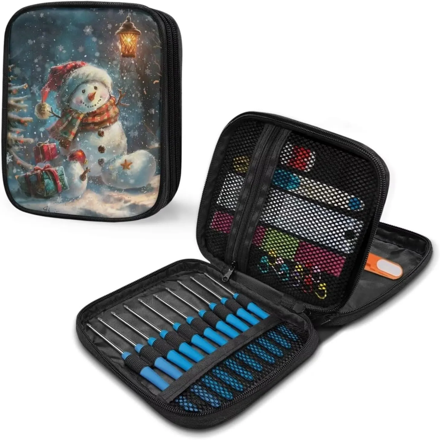 YUVAMAGIMO Christmas Snowman Crochet Hook Case Portable Travel Organizer Zipper Bag Easy to Hold Interchangeable Knitting Needle Case for Various Knitting Needles and Other Accessories