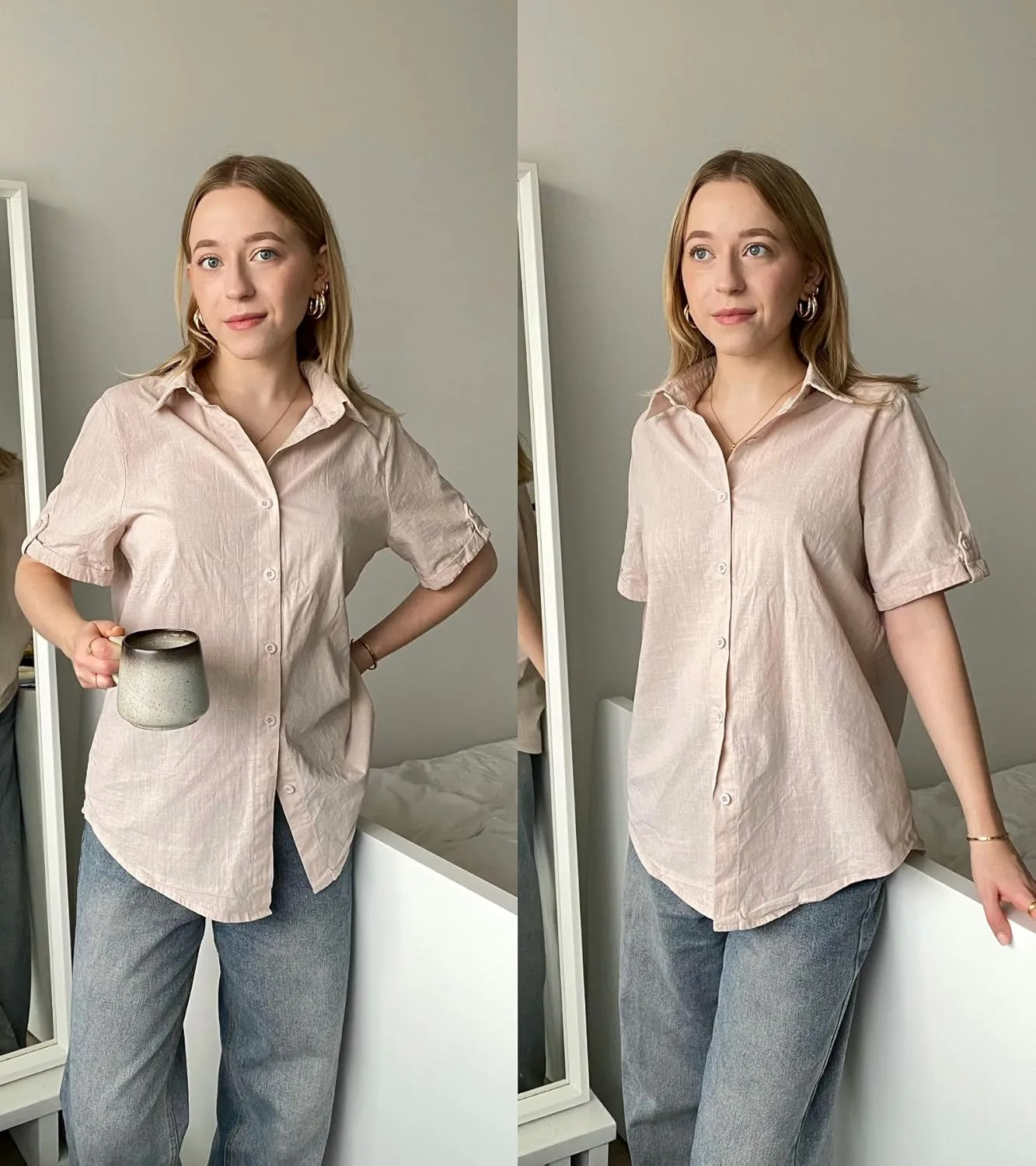 Zeagoo Women Linen Button Down Shirt Rolled Cuffed Short Sleeve Blouse Ladies Summer Casual V Neck Beach Cotton Tops
