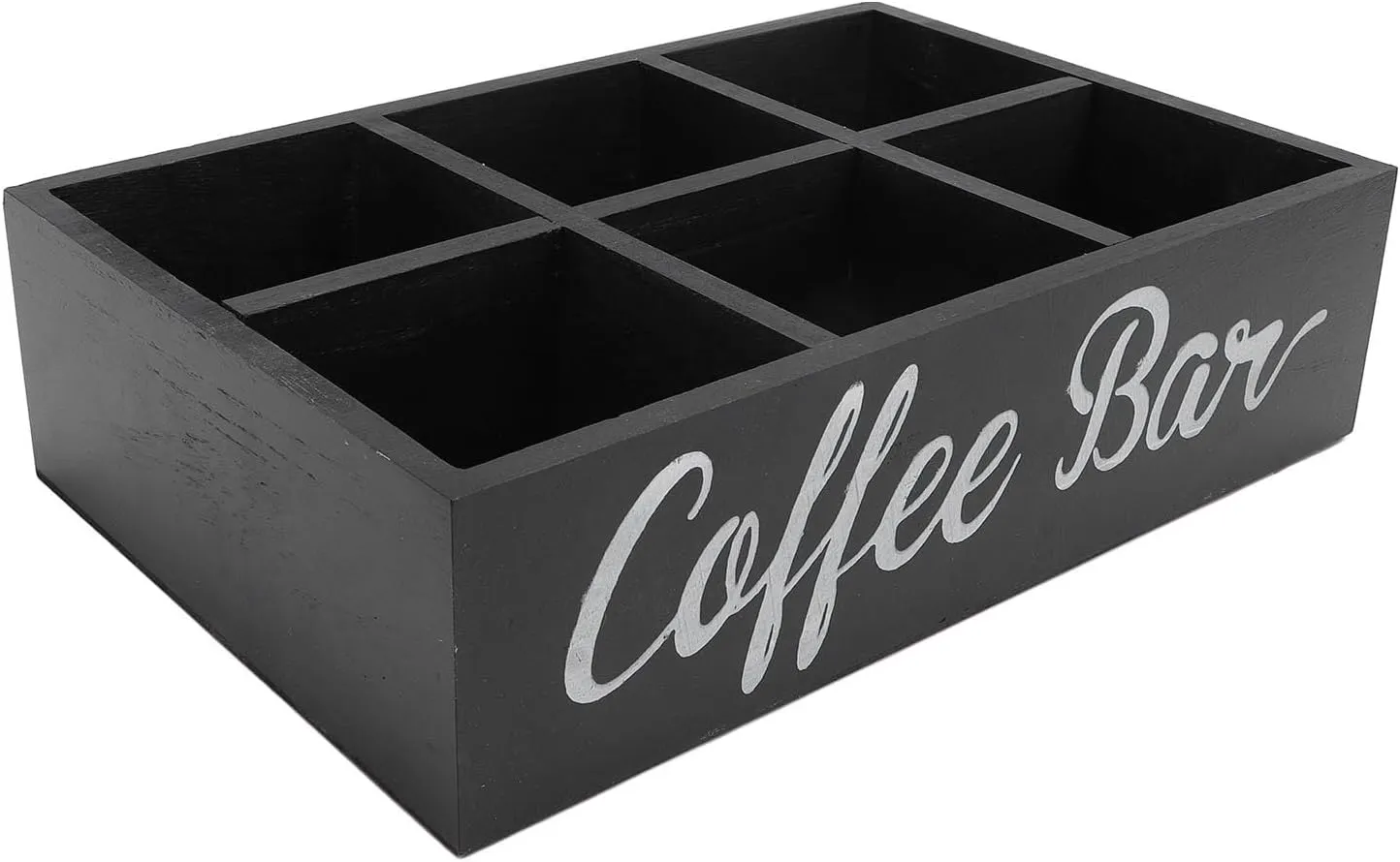 Zerodis with Divider Wooden Coffee Bar Countertop Storage Basket with 6 Compartments for Organizing Coffee Pods Stir Sticks Tea Bags Sugar Packets Coffee Station Organizer Kitchen (Black)