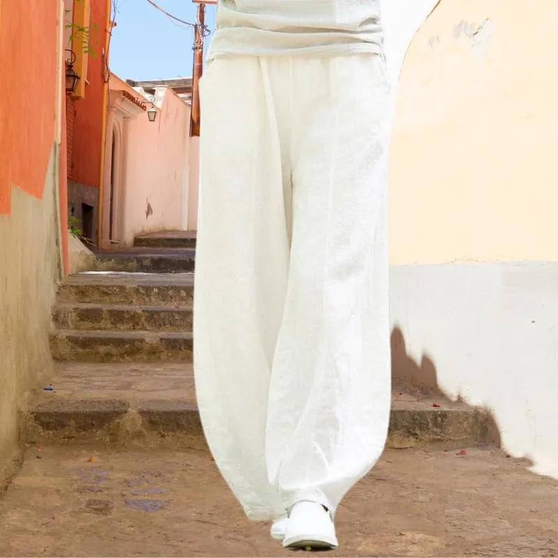 ZOCAVIA Cotton Linen Pants for Women Summer Causal Baggy Wide Leg Pants Waist Elastic Relax Fit Lantern Trouser with Pockets