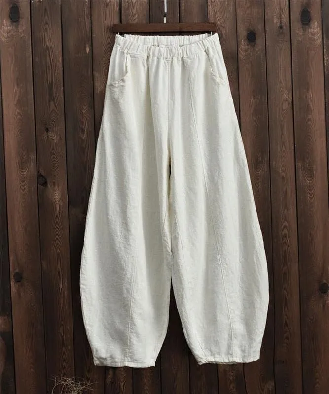 ZOCAVIA Cotton Linen Pants for Women Summer Causal Baggy Wide Leg Pants Waist Elastic Relax Fit Lantern Trouser with Pockets