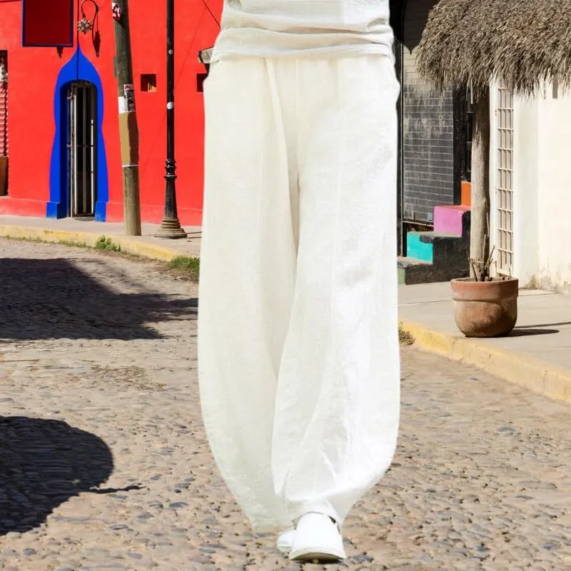 ZOCAVIA Cotton Linen Pants for Women Summer Causal Baggy Wide Leg Pants Waist Elastic Relax Fit Lantern Trouser with Pockets