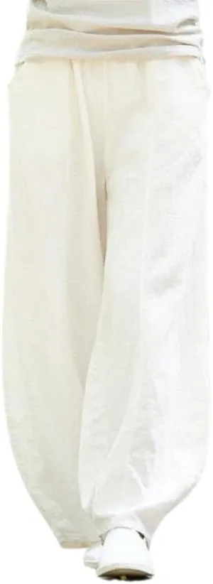 ZOCAVIA Cotton Linen Pants for Women Summer Causal Baggy Wide Leg Pants Waist Elastic Relax Fit Lantern Trouser with Pockets